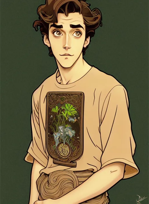 Prompt: art nouveau portrait of a handsome young man with curly light brown hair, brown eyes, serious facial expression, gloomy mood, annoyed, t - shirt, natural lighting, path traced, highly detailed, high quality, cartoon, digital painting, by don bluth and ross tran and studio ghibli and alphonse mucha