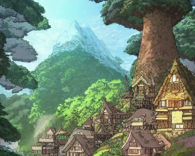 Image similar to mountain overseeing fantasy village next to a forest, studio ghibli style, hayao miyazaki, award winning photograph, highly detailed, artstation