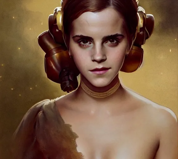 Image similar to photography of a sensual emma watson dressed like princess leia slave girl outfit star wars, deep focus, intricate, elegant, highly detailed, digital painting, artstation, concept art, matte, sharp focus, illustration, art by artgerm and greg rutkowski and alphonse mucha and gil elvgren