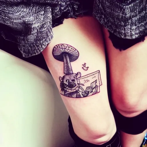 Image similar to tatoo on girl's leg with cute rat reading newspapper sitting on magic mushroom