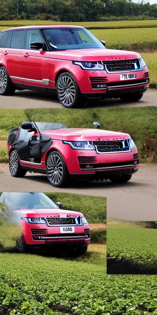 Image similar to A range rover supercharged in the middle of a strawberry field