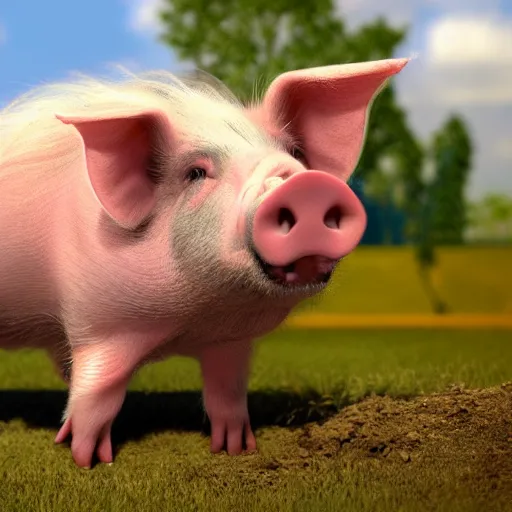 Prompt: a happy pig jumping around in a muddy enclosure. concept art. cute. blue sky. 4 k