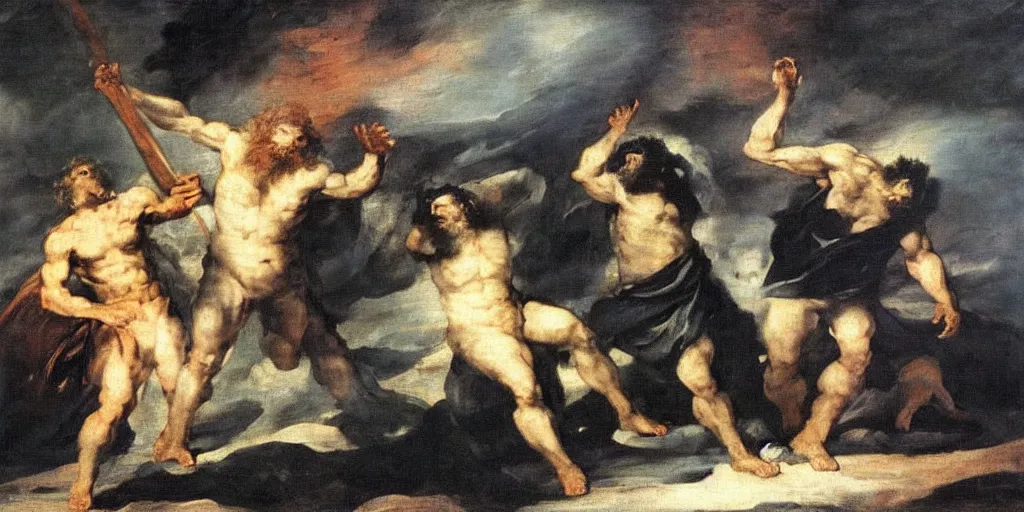 Prompt: zeus vs odin by francisco goya, detailed mythological painting, oil painting