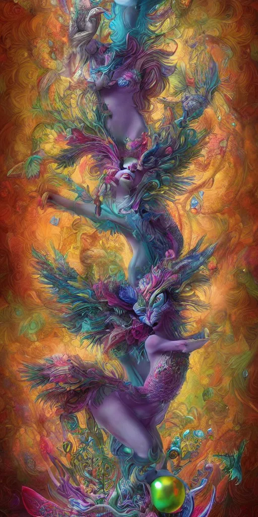 Image similar to a sculpture of colorful fantastic and mythical creatures by hannah yata, elegant, psychedelia, artstation, concept art, ambient occlusion, vray render,