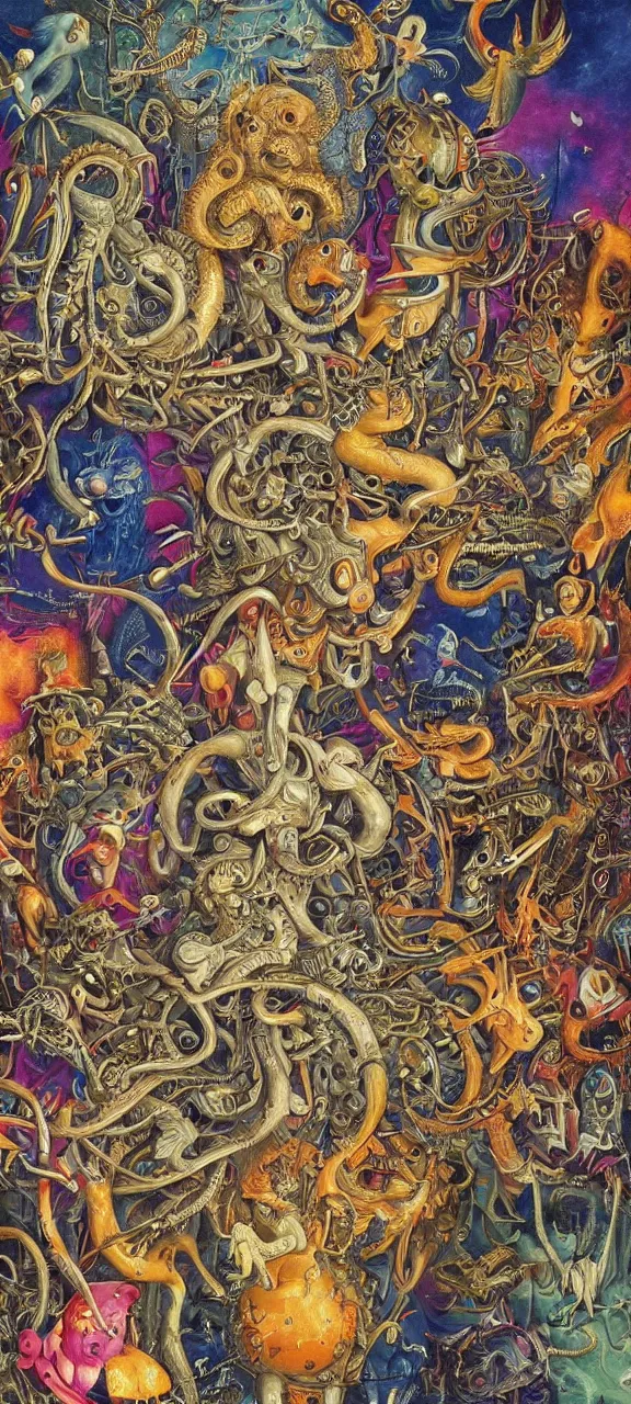 Prompt: an incredibly detailed masterpiece collaborative painting by bosch and Lisa Frank and Giger, ornate, detailed, high resolution, wow!, intricate