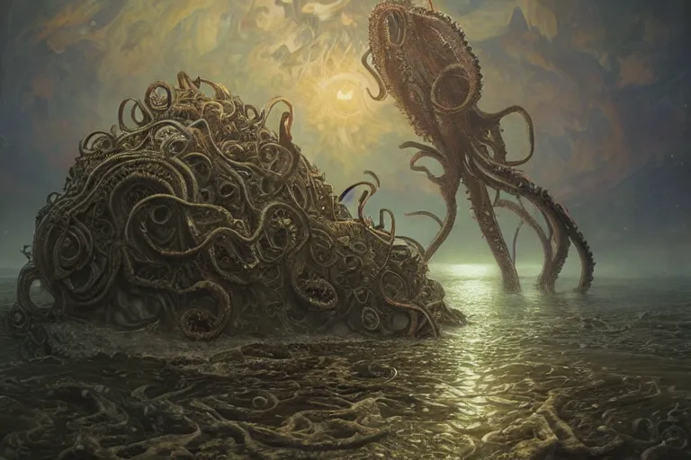 Image similar to a lovecraftian painting of cthulhu rising, cosmic horror elements, ultra realistic, concept art, intricate details, eerie, highly detailed, photorealistic, octane render, 8 k, unreal engine. art by artgerm and greg rutkowski and alphonse mucha