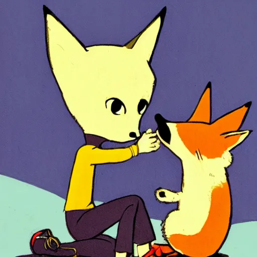 Prompt: the little prince talking to the fox, jamie hewlett art