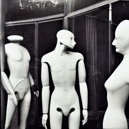 Image similar to manikins dancing, wax manikin heads, smiling at each other, uncanny valley, 1 9 2 0, paris, shop window, photograph, style of atget, nightmare, concept art, creepy