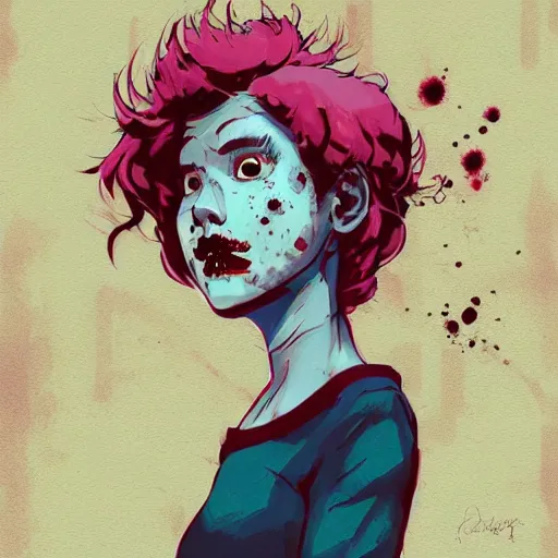 Image similar to Highly detailed portrait of pretty punk zombie young lady with, freckles and beautiful hair by Atey Ghailan, by Loish, by Bryan Lee O'Malley, by Cliff Chiang, inspired by image comics, inspired by graphic novel cover art, inspired by papergirls !! Gradient color scheme ((grafitti tag brick wall background)), trending on artstation