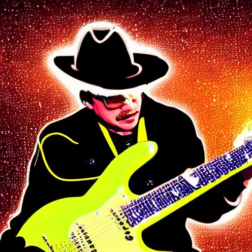 Prompt: a Stevie Ray Vaughn guitarist playing so intensely there is electricity shooting out from his guitar, energy beams under his finger tips, and magic sparkles from the freboard, amazing ditial art, trending on artstation, featured on deviantart