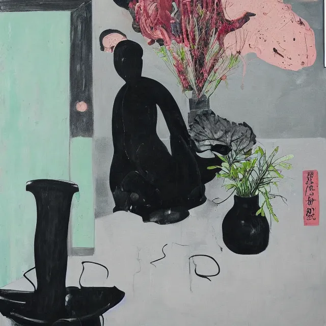 Image similar to empty room with black walls, sensual portrait of a woman sleeping, japanese vase, old flowers, puddle of water, octopus, squashed berries, neo - expressionism, surrealism, acrylic and spray paint and oilstick on canvas