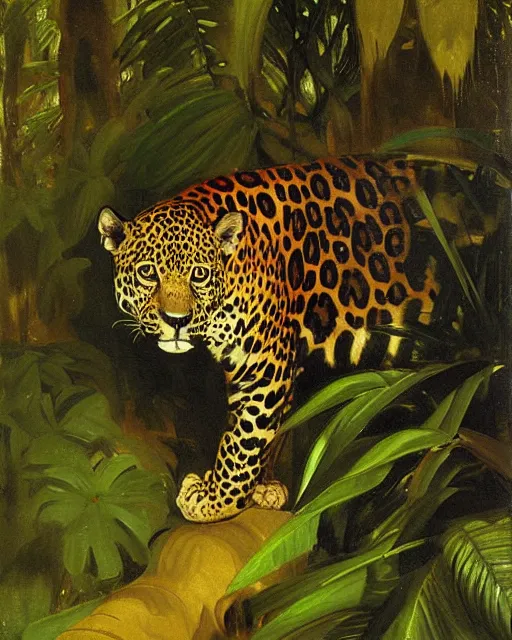 Prompt: Jaguar in a dark misty jungle, painted by John Singer Sargent