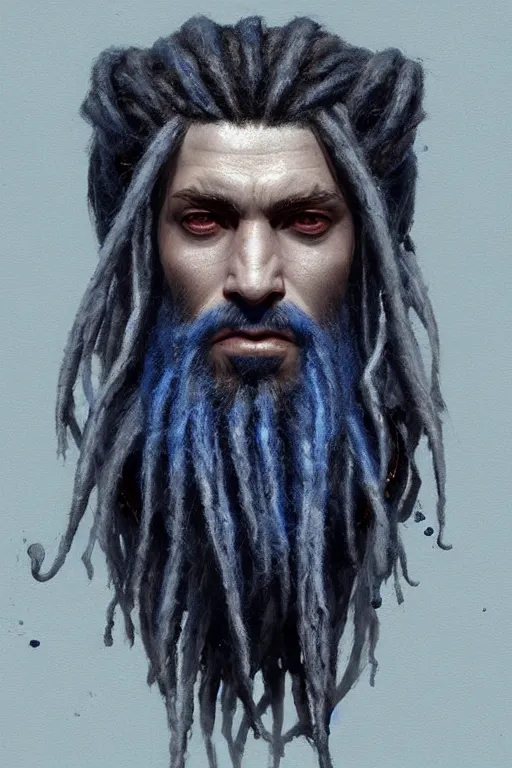 Image similar to portrait of a blue genasi with a square jaw from d & d by greg rutkowski, dreadlocks and small beard, runic rings, d & d character, blue, black background, highly detailed portrait, digital painting, artstation, concept art, smooth, sharp foccus ilustration, artstation hq