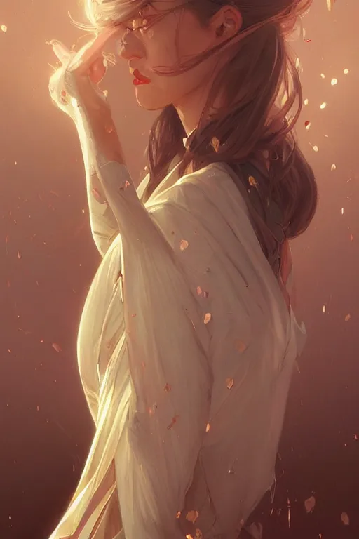 Image similar to a girl wearing a golden dress, grey hair, red necktie, cinematic, stunning, highly detailed, digital painting, artstation, smooth, hard focus, full body shot, illustration, art by artgerm and greg rutkowski and alphonse mucha