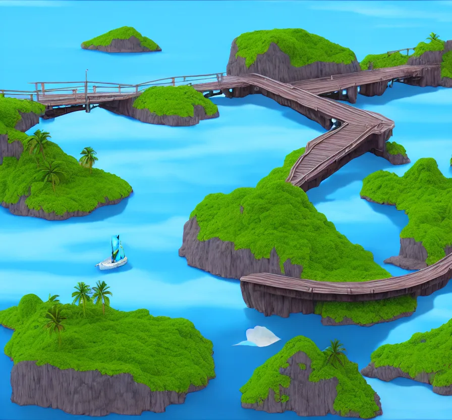 Prompt: island in sea with logan wooden bridge, unreal engine, digital, acrilic paint