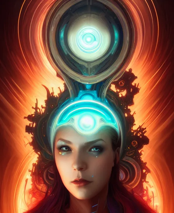 Image similar to whirlwind of souls rushing inside the metaverse, half body, glowin eye, tiara, pharaoh, android, cyborg, cyberpunk face, by loish, d & d, fantasy, intricate, elegant, highly detailed, colorful, vivid color, digital painting, artstation, concept art, art by artgerm and greg rutkowski and alphonse mucha and ruan jia