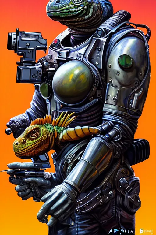 Image similar to a portrait of a muscular anthropomorphic cyberpunk iguana! space mechanic in spacesuit armor with a large head by sandra chevrier, by jon foster, detailed render, pistol in holster, tape deck, epic composition, cybernetics, 4 k realistic, cryengine, realistic shaded lighting, sharp focus, masterpiece, by enki bilal