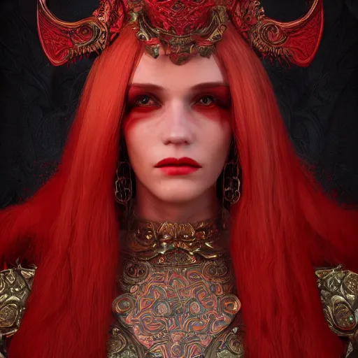 Prompt: minagho, pathfinder wrath of the righteous, demon girl, gorgeous, ornate dashing red garments, earrings, perfect symmetry face, intricate portrait, red dress, ashen blonde hair, 8 k resolution, volumetric lighting, trending on art station, magic realism, octane rendering, unreal engine 5