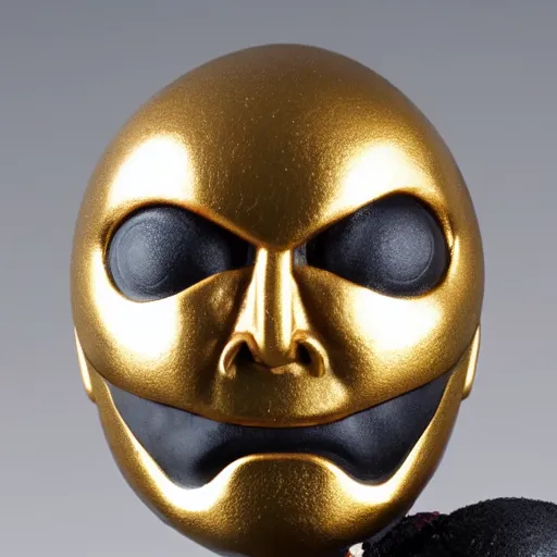 Prompt: Photo of an Evil moon-face action figure, japanese action figure, head looks like a moon, horror, gold and black color scheme