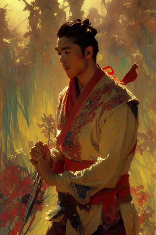 Prompt: attractive man, wuxia, colorful, painting by gaston bussiere, craig mullins, greg rutkowski, alphonse mucha