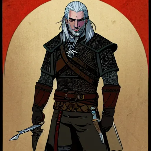 Prompt: Geralt form witcher by mucha