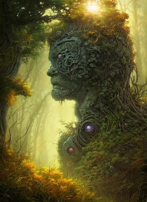 Image similar to Ancient overgrown Robot laying in a clearing, extremly detailed digital painting, sunlight, in the style of Tomasz Alen Kopera and Fenghua Zhong and Peter Mohrbacher, mystical colors, rim light, beautiful lighting, 8k, stunning scene, raytracing, octane, trending on artstation