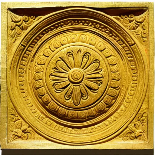 Prompt: ornate engraved carving of a high - relief flower in a circular inset on a square gold panel