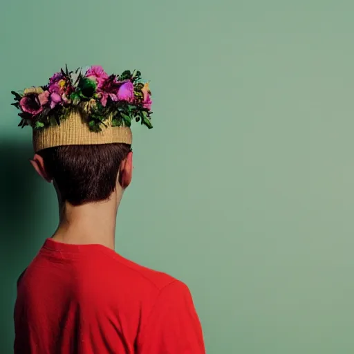 Image similar to kodak portra 4 0 0 photograph of a skinny guy wearing a hat standing in cluttered art studio, back view, flower crown, moody lighting, moody vibe, telephoto, 9 0 s vibe, blurry background, vaporwave colors, faded!,