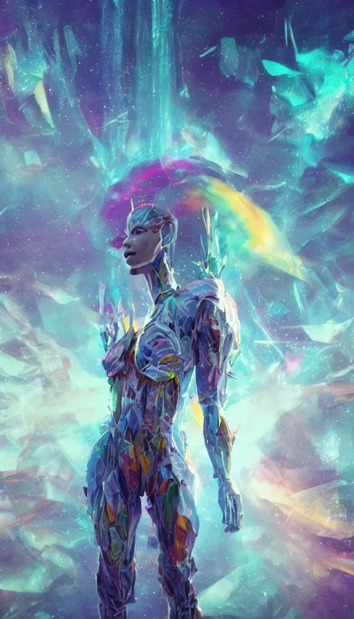 Prompt: a photo of 8k ultra realistic corrupted rainbow humanoid queen standing next to a spaceship window overlooking earth, swarm of transparent glass shards, D&D, fantasy, cinematic lighting, highly detailed, digital painting, artstation, concept art, smooth, sharp focus, illustration, warm light, cozy warm tint, magic the gathering artwork, volumetric lighting, 8k, no gold, no gold colours, art by Akihiko Yoshida, Greg Rutkowski