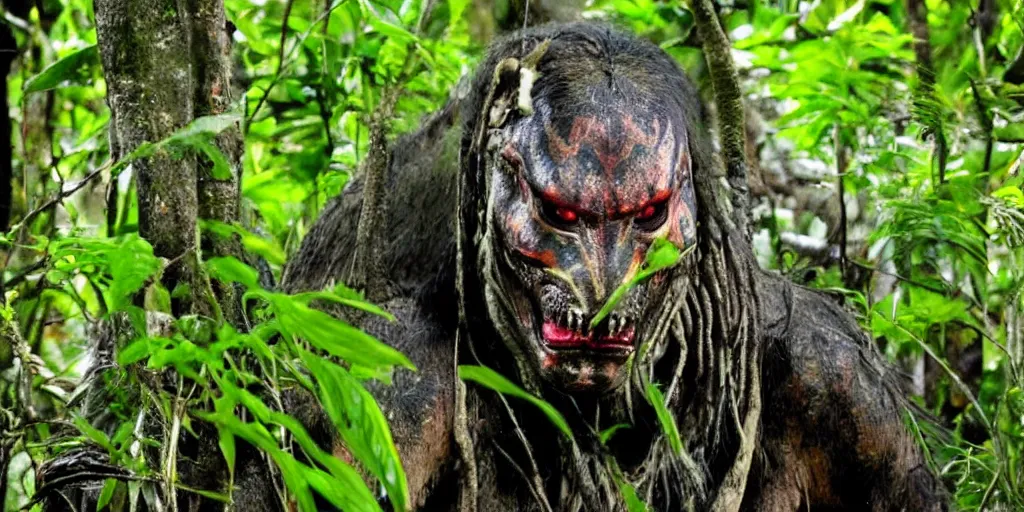 Prompt: yautja predator in sri lankan jungle, next to a river, extremely high fidelity