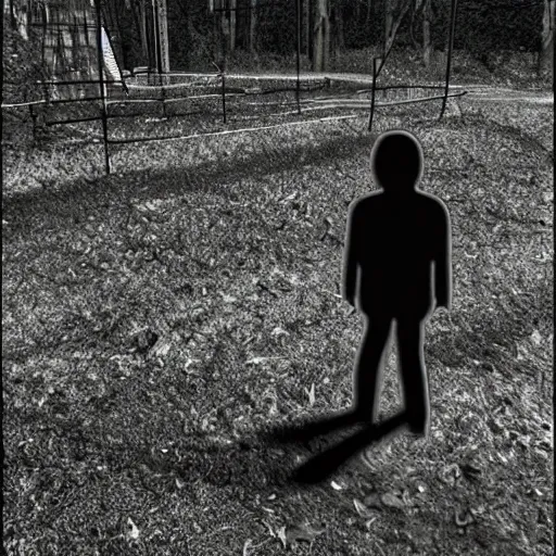 Image similar to night vision trailcam photo of the slenderman shadow person standing in an overgrown playground