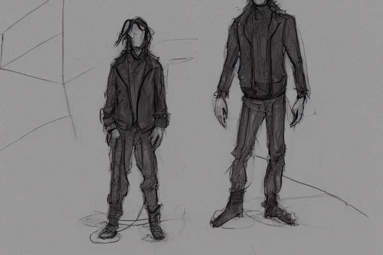 Image similar to single line sketch of goth guy standing in a cluttered 9 0 s bedroom, full body character concept art, scribble sketch, small details,