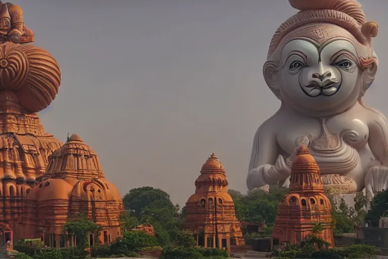 Image similar to gorgeous dreamscape! biomorphic new delhi, hanuman!! head building, kalighat, octane highly detailed cinematic, stephen shore & john j. park, soft morning light, wide shot, high angle, uhd 8 k, deep focus