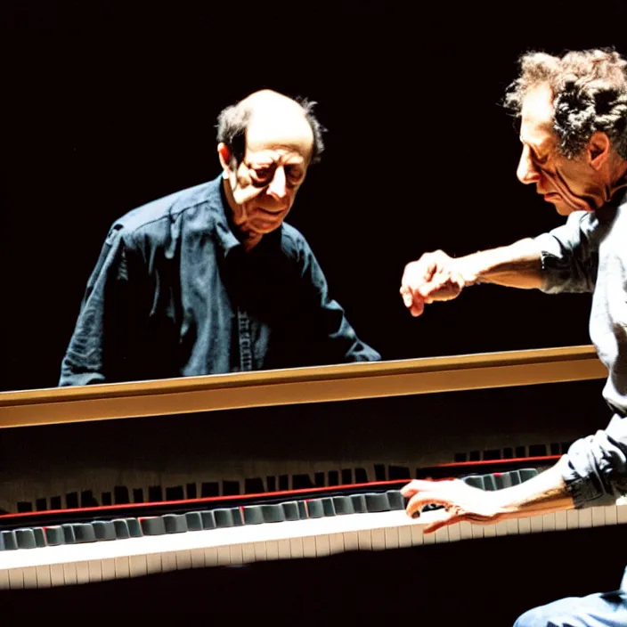 Prompt: steve reich throws a piano at philip glass, cinematic, epic