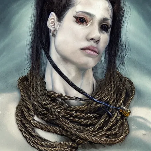 Image similar to portrait of a Shibari rope wrapped face and neck, headshot, insanely nice professional hair style, dramatic hair color, digital painting, of a old 18th century, traveler, amber jewels, baroque, ornate clothing, scifi, realistic, hyperdetailed, chiaroscuro, concept art, art by Franz Hals and Jon Foster and Ayami Kojima and Amano and Karol Bak,