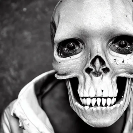 Prompt: crooked teeth, black eyes, gaping mouth, alien looking, skull like, big forehead, horrifying, killer, creepy, dead, monster, tall, incredibly skinny, open mouth, deathly, old photo, turning yellow