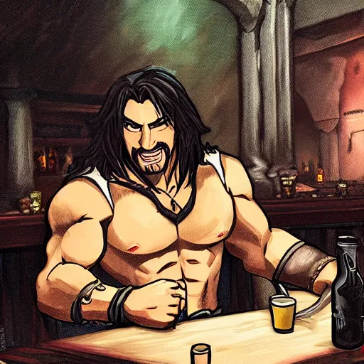 Image similar to Professional painting of Trevor Belmont from Castlevania, enjoying a pint of ale at a tavern, digital art, HDR, happily smiling at the camera, holding the pint of ale, sitting at the bar, warm lantern lighting.