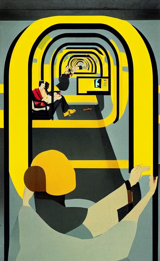 Prompt: yellow ubahn subway in berlin germany, sense of longing, rule of thirds, clever design, decorative modern graphic design collage border, by hannah hoch and jesse treece and christian jackson and josh brill