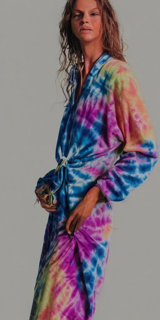 Image similar to a beautiful woman model dressed in a tie - dye dress, studio photo, hyperrealistic