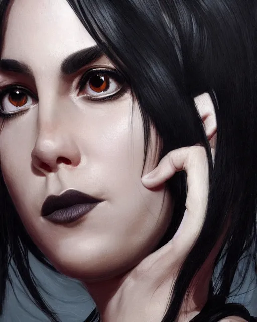 Prompt: portrait of a tall 4 0 - year - old woman with thin lips, long, lush black hair like a crown black, and thick eyebrows, wearing in black clothes, hyper realistic face, beautiful eyes, character art, art by mark brooks, hyperdetailed, cryengine, trending on artstation, digital art