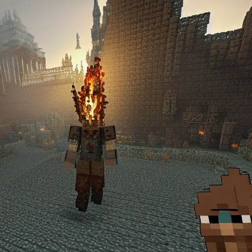 Image similar to gameplay screenshot of the game dark souls in the style of minecraft, a dark souls final boss battle in anor londo in the style of minecraft, unreal engine, raytracing and volumetric lighting, highly detailed