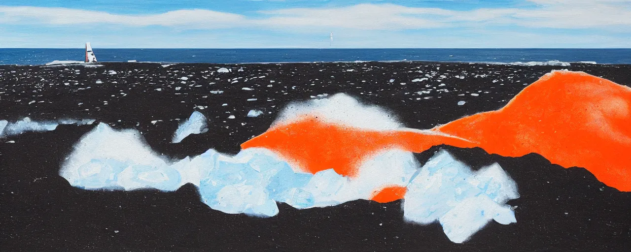 Image similar to painting of giant orange and white military spacecraft crashing into an endless black sand beach in iceland with icebergs in the distance, 2 8 mm, shockwave