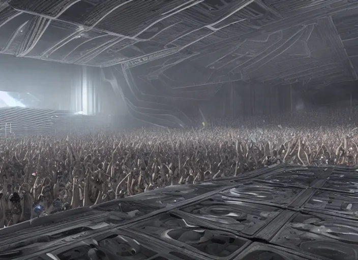 Image similar to ultra realistic, mainstage of harder styles music festival in 2 0 5 0, futuristic, brutalism, octane render, sharp focus cinematic lighting, dramatic perspective, highly detailed, 4 k, 8 k