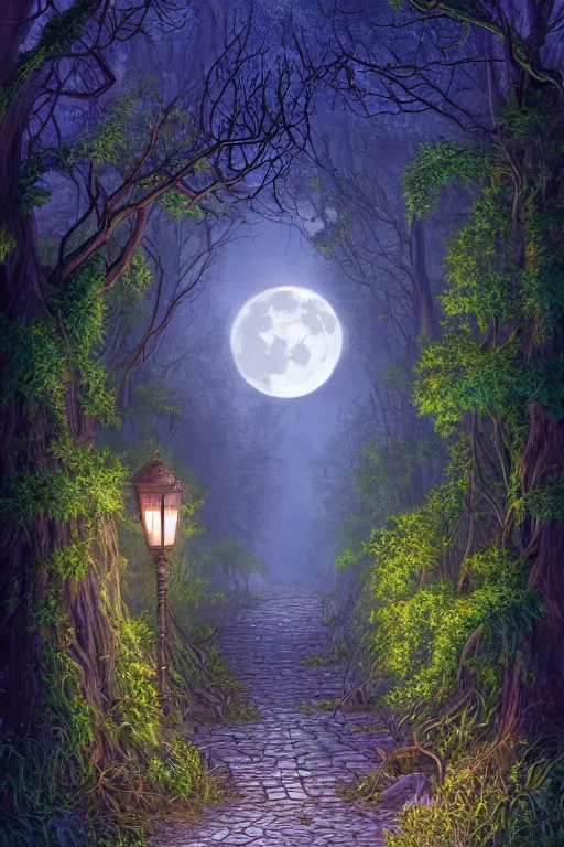 Image similar to a beautiful digital illustration painting of a detailed gothic fantasy fireflies forest trees and iron gate cobblestone pathway vines full moon by james gurney, 8 k resolution trending on artstation concept art digital illustration