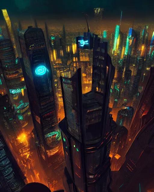 Image similar to cyberpunk scifi scene of a city at night, aerial view, salesforce tower, artstation, matt painting, very detailed, maximalism, ambient occlusion, volumetric light, atmospheric haze, unreal engine, hyper realism, realistic shading, cinematic composition, realistic render, octane render, detailed textures, photorealistic, wide shot