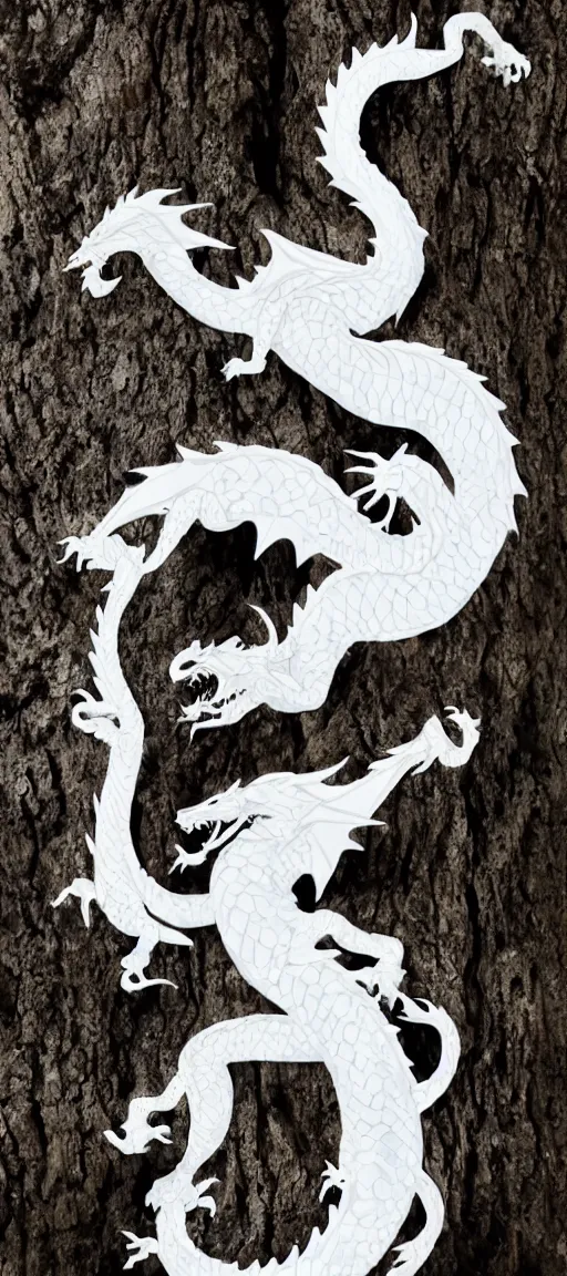 Image similar to a beautiful white dragon twisted around an ancient tree, intricate, maximalist, bright, clear,