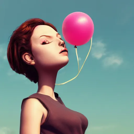 Image similar to a woman [ who has a balloon head ]!! floating into the sky, [ 4 k digital art ]!!, [ trending on cgsociety ]!!, cgsociety contest winner, 4 k quality, zbrush, mannerism