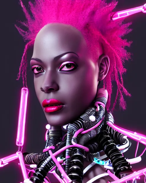 Image similar to portrait of a beautiful black woman with pink hair as a cyberpunk cyborg half robot, revealing wires and electronics, hooked - up, sci - fi, missing panels, intricate abstract upper body intricate artwork, concept art, octane render, deviantart, cinematic, key art, hyperrealism, iridescent accents, portrait photograph, nikon 3 5 mm, photograph by greg rutkowski