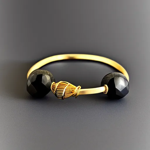 Image similar to arcaic Primitive Gold Bangle, 14K Gold Wire, Single Center sinister diamond saphire, Shungite Bangle, Mineral and Gold Jewelry, Product Photography