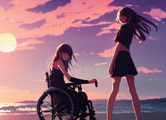 Prompt: panoramic of cute girl, sunset sky in background, beach landscape, illustration concept art anime key visual trending pixiv fanbox by wlop and greg rutkowski and makoto shinkai and studio ghibli and kyoto animation, futuristic aerodynamic wheelchair, symmetrical facial features, future clothing, backlit